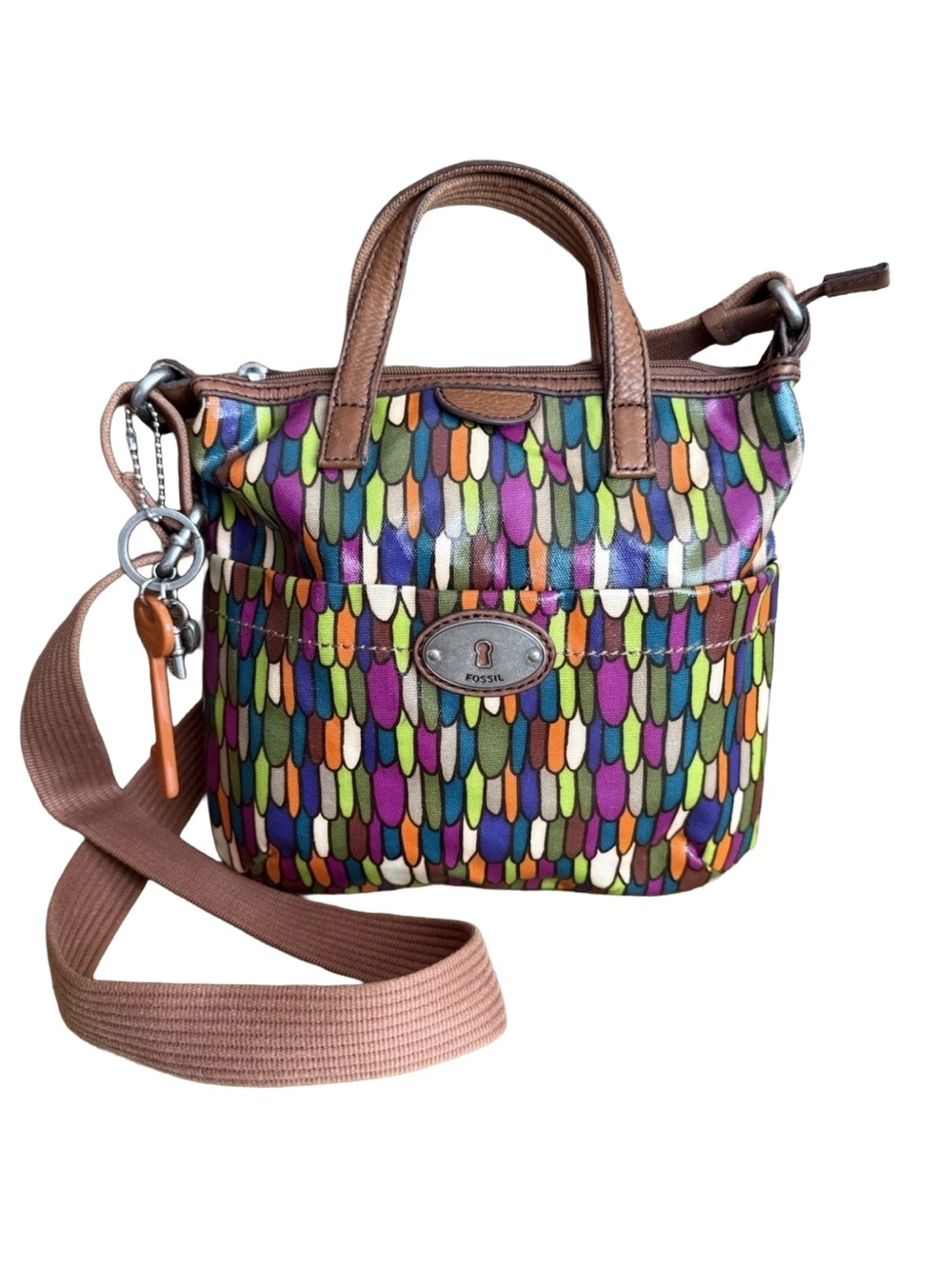 Fossil Calypso Key-Per Multicolor Crossbody Bag Coated Canvas Bag Charm Satchel